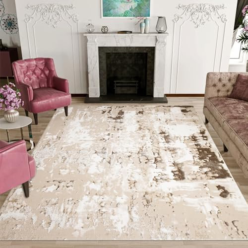 renoazul® Soft Pile Rugs Living Room With Jute Backing, Abstract - 200 x 290 cm - Beige Rug, Washable Carpet for Bedroom, Sitting Room, Dining and Lounge Rug