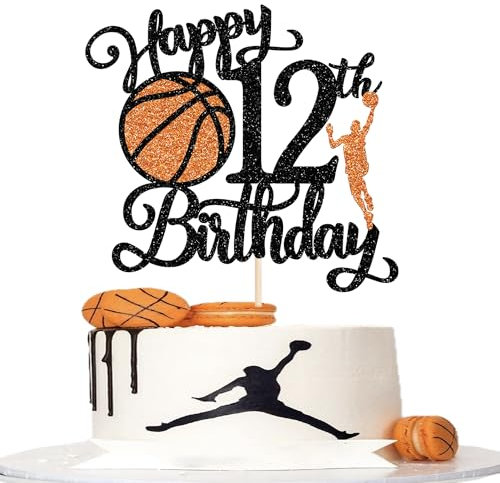 Xsstarmi 1 Pack Happy 12th Birthday Cake Topper Black Glitter Basketball Sports Cake Pick Cheers to 12 Years Cake Decorations for Basketball Theme Birthday Party Supplies