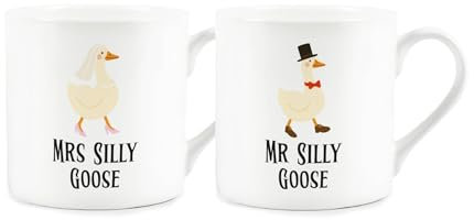Mr & Mrs Silly Goose Mugs Set - Funny Couples Gift Set for Newly Weds - Pack of 2 Bone China Tea/Coffee Drinks Cups Wedding Present