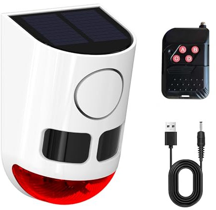 Solar-Blitzlicht-Bewegungsmelder-Alarm: Hundegebell und Schussgeräusche, 13 Arten von Warnton-Loop-Wiedergabe, 130 dB-Geräuschmacher, 4 Betriebsmodi, wasserdicht für Zuhause, Bauernhof (1 Pack)