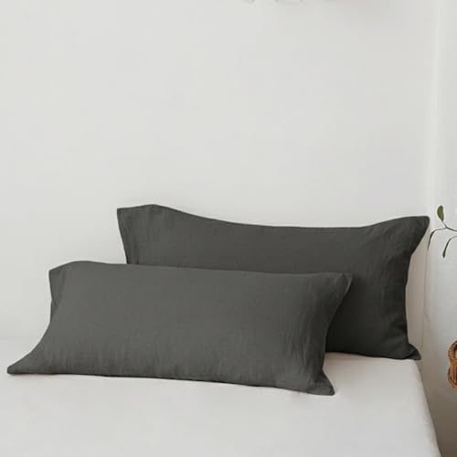 Simple&Opulence 2er Set Kissenbezug 40x80cm, 100% Vorgewasches Leinen, ÖkoTex Zertifiziert, Antiallergischer Atmungsaktiver Kopfkissenbezug, Anthrazit, 40 x 80 cm