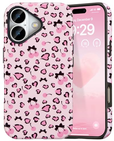 DEFBSC Coque pour iPhone 17, Nœud Rose Mignon Cœurs Et Cerises Motif Esthétique Et Tendance pour Femmes Et Filles Mince Durable Antichoc Coque Arrière Rigide Hybride, Minuscules/Brillant