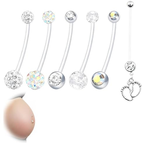 Bauchnabelpiercing Schwangerschaft, 6er-Pack, Flexibel Kristallkugel 38mm | 6er-Pack Flexibles Piercing, Hypoallergen Acryl Edelstahl, Kristallkugel 38mm Kürzbar, für Schwangerschaft und Alltag