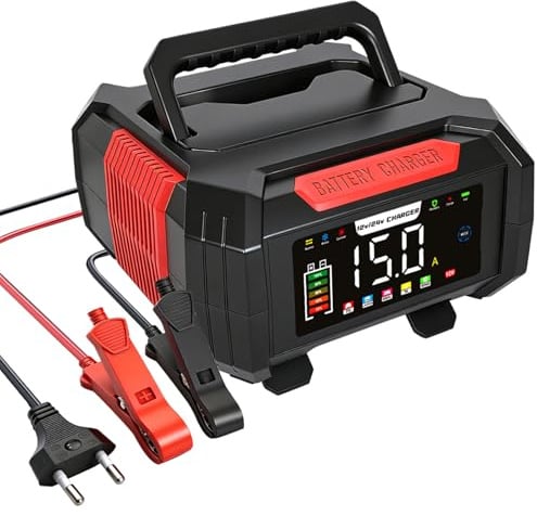 15A Chargeur Batterie Voiture,12V/24V Chargeur de Batterie Voiture Intelligent pour Auto Moto avec Fonction Réparation,Écran LCD,pour Voiture,Moto,Camion,LiFePO4,AGM (Rouge)