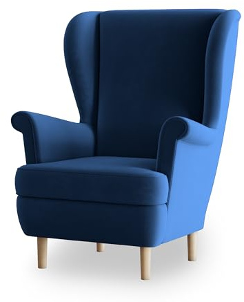 Masseno Ohrensessel LENTIO, Lounge Sessel im Glamour Stil mit Armlehnen, Komfort Polsterstuhl für Esszimmer, Wohnzimmer, Bein aus Holz, Kronos 09