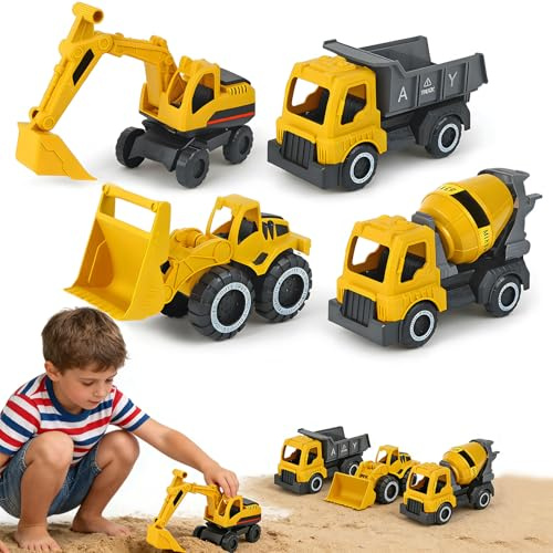 Vartegas Sandspielzeug Bagger, 4 Stück Kompakter AnhäNgebarer Bagger Sandspielzeug Sandkasten, Baustellenfahrzeuge Inkl, Kipplaster Mischer, Geschenk FüR Jungen Ab 3-5 Jahr (A)