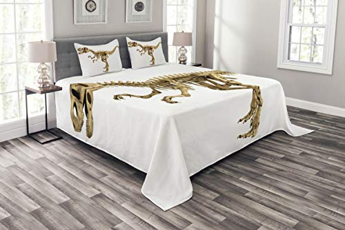 ABAKUHAUS Dinosaurier Tagesdecke Set, Fossil Dino-Skelett, Set mit Kissenbezügen Waschbar, für Doppelbetten 220 x 220 cm, Hellbraun Weiß