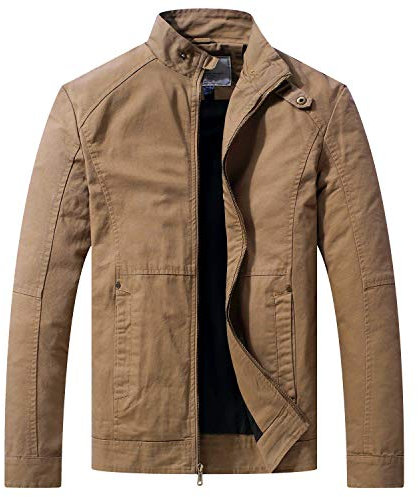 WenVen Men's Casual Cotton Jacket Outdoor Windbreaker Coat Classic Full-Zip Jacket Lightweight Jackets Khaki XL