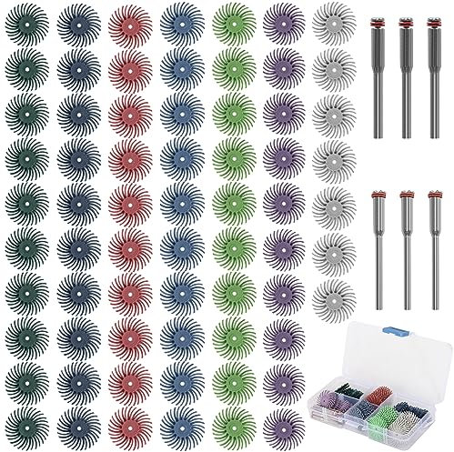 76Pcs 1 Inch Mini Radial Bristle Disc Mix Kit with 2.35mm/3mm Mandrels for Rotary Tools Accessories Cleaning Deburring Sanding, Grit 80/120/220/400/600/1000/2500 Abrasive Buffing Wheel Polishing Bits