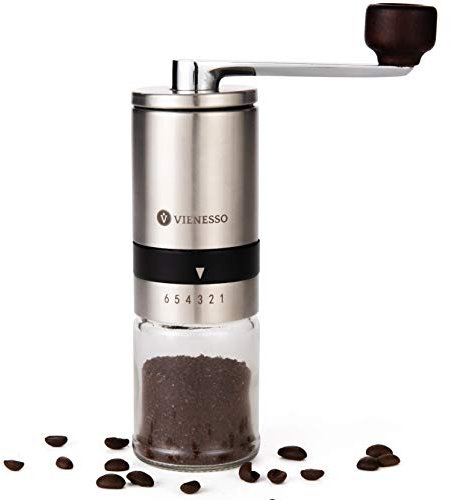 VIENESSO Kaffeemühle Manuell/Hand mit Keramikmahlwerk | manuelle Espressomühle mit 6 Mahlstufen | Handkaffeemühle aus Edelstahl mit Glasbehälter + E-Book