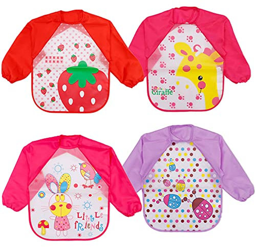 Baogaier Lätzchen Baby Wasserdichte Lange Aermel Kinder Mädchen Waschbar Babylätzchen zum Bemalen BPA Frei Abwaschbar Verstellbare Einfache Reinigung Schürze Essen Kunst Handwerk Spielen Rot Pink 4PCS