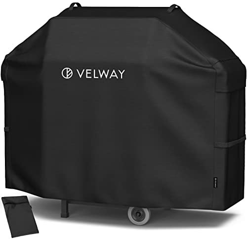 Velway Funda para Barbacoa Impermeable, Cubierta BBQ de Parrilla 300D Oxford Protector con Entradas de Aire, Asas, Correas Adhesivas, Resistente al Desgarro/Agua/Lluvia/Nieve/Sol, 147x61x117cm