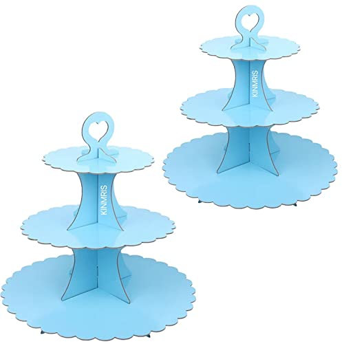 KINMRIS 2 Pack Cupcake Stand 3-Tier Lace Edge Dessert Stand, Blue Cardboard Cupcake Stand, Birthday Party SUPPLIES TIER 3 Tier