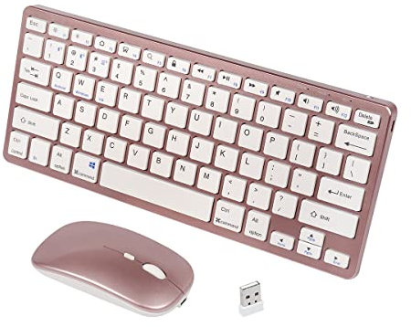 KeautFair Kabellose Bluetooth 2,4G Dual Tastatur und Maus Set QWERTY US Layout Tragbar Multi-Task Wiederaufladbar 12-Multimedia Reise Windows/iOS/Android PC/Laptop/Smartphone/iPad/Tablet(Roségold)