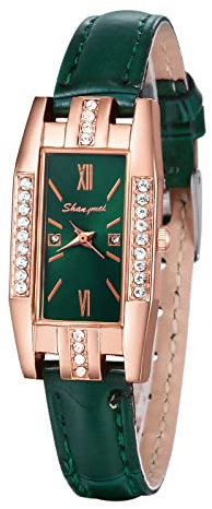 JewelryWe Uhren Damen Analog Quarz Armbanduhr Elegant Rechteckig Strass Beiläufige Uhr Damenuhr mit Leder Armband Grün