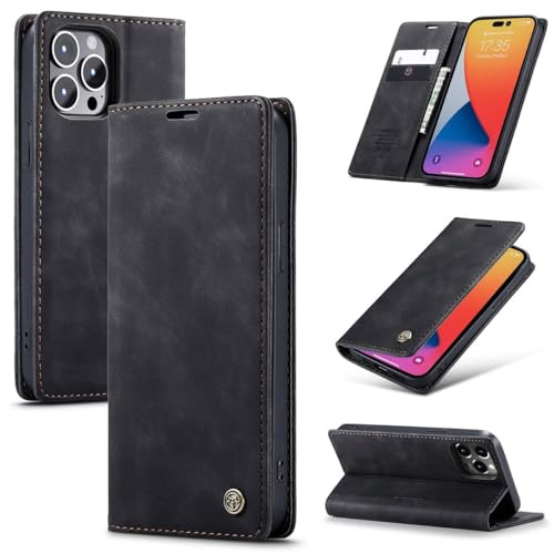 König Design Handyhülle für Apple iPhone 14 Pro Max Hülle Premium Kunst-Leder Klappbar Flip Case Magnet Kartenfach Standfunktion Tasche Schutzhülle für Apple iPhone 14 Pro Max (Schwarz)