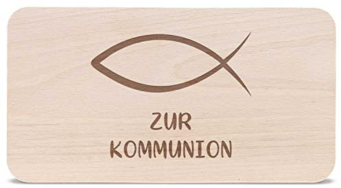 GRAVURZEILE Frühstücksbrettchen mit Gravur - Kommunion Fisch - Brettchen aus Holz als Geschenk zur Kommunion für Mädchen & Jungen - 100% Buchenholz - 22.5 cm x 12.5 cm x 1 cm