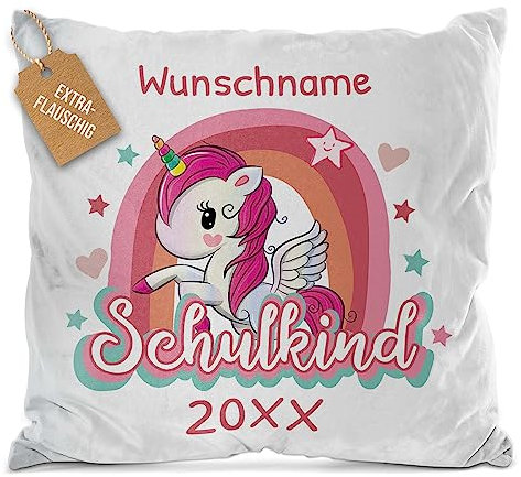 PR Print Royal Flauschiges Kissen zur Einschulung - Schulkind mit Name und Jahr personalisiert - Einhorn Kissen, personalisierte Geschenke zur Einschulung | Weiß Flauschig, 40 x 40 cm