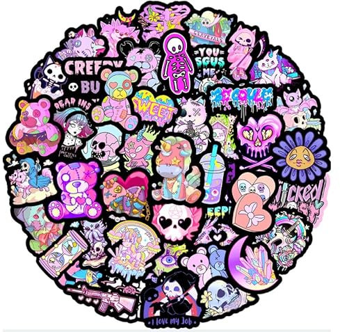 50 Stück Gothic-ästhetische Aufkleber für Wasserflaschen, wasserdichte Vinyl-Aufkleber mit violetten Totenköpfen, Horror-Thriller-Designs und personalisierten rosa Gothic-Aufklebern für Teenager