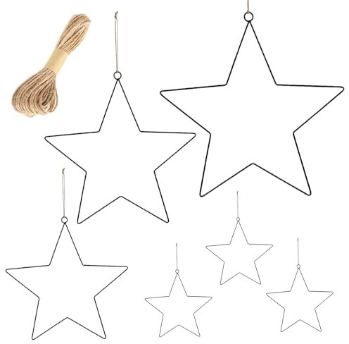 SPERMUOY Metall Stern Schwarz,6 Stück Weihnachtsdeko Sterne, Metallsterne zum hängen Schwarze Weihnachtsdeko Metallsterne mit Juteschnur, Weihnachtsstern Fensterdeko Deckendeko Wanddeko