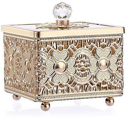 TOLIDA Joyero dorado con base de espejo hueca, caja cuadrada de encaje con tapa, caja para joyas, caja para anillos, pendientes, collares, como regalo de boda, SLDDE0035
