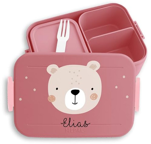 Kinder Bento Box Midi Lunchbox für Mepal Bentobox - Boho Bär Brotdose Bärenmotiv I Bären I Bear - 900 ml - Rosa - kita geschenke einschulung jause bärchen snackbox dose name frühstücksdose