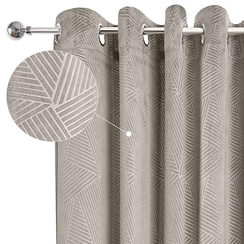 Emma Barclay Midnight - Embossed Velvet Woven Thermal Blackout Eyelet Curtains (Stone, Width 66 x Drop 90 (168 x 228cm))
