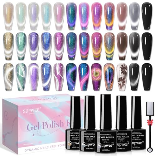 SUPWEE UV Magnetischer Nagellack Set, 12 Farben Cat Eye UV Gel Nagellack mit Magnetstift Glitzer Cat Eye Nail Polish Set Maniküre Nail Art Salon Gellack Schwarze Basis erforderlich