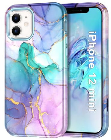 Avocase Compatible with iPhone 12 Mini Case 5.4 inch, Marble Pattern 3 in 1 Heavy Duty Shockproof Full Body Hard PC+Soft Silicone Drop Protective Women Girls Cover for iPhone 12 Mini, Blue Pink
