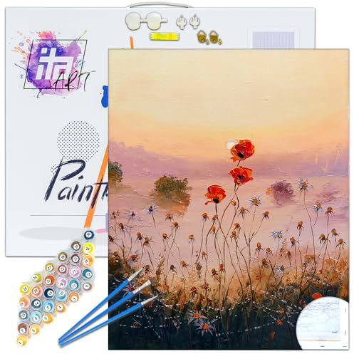 ITA Art Peinture par numéros Kit Complet avec châssis, peintures acryliques, pinceaux, Accessoires, boîte Cadeau - Kit de Peinture DIY avec Toile, 40x50 cm, Coquelicots