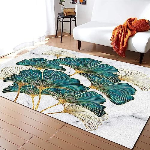 Kinderteppich Abstrakte Marmorgoldstreifen Dunkelgrüne Ginkgoblätter - Kurzflor Teppich Kinderzimmer Spielteppich Antiallergen Und Extra Weich - Babyzimmer Teppiche Für Junge Und Mädchen BAB -9A8X/Y9