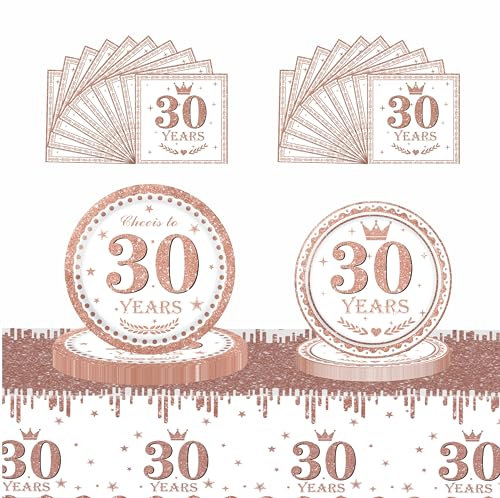 53Pcs Rose Gold 30th Happy Birthday Party Tableware Decorations for Her Plastic Table Cloth,7,9inch Paper Plates,Napkins for Women Birthday Table Party Tableware Set for Girls Women Adults