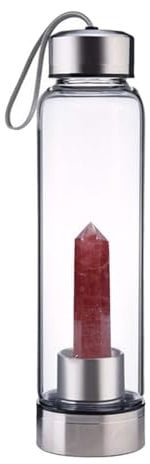 Queemie Naturel Fraise Rouge Cristal Eau Bouteille, Acier Inox Verre Écarlate Quartz Pierre Précieuse Obélisque Baguette Énergie Coupe Sports Tasse pour Guérison Bien-être 550ml