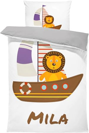 Pictogogo Personalisierte Baby Bettwäsche mit Boot - 100 x 135 cm, Wählbare Unterfarbe aus Baumwolle, Kinderbettwäsche, Bettwäsche Mit Namen, Babybett Komplett Set Mit Reißverschluss