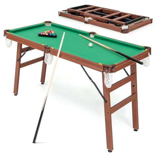 COSTWAY Set Tavolo da Biliardo Pieghevole, Tavolo da Gioco Biliardo Portatile con Livellatori Regolabili per Piedi, 2 Stecche 2 Gessi 16 Palline Spazzola, per Giochi in Famiglia Bar, 138x67x79,5 cm