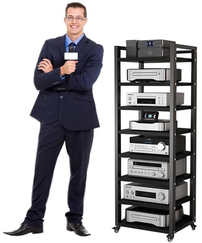 Audio rack hifi regal Startseite AV-Medienständer/ Eckregal/ Stereokabinett/ Audio-Rack-Turm, 161cm/ 63inch Hoch Multifunktional Audio/Video Komponenten Rack, Modern AV-Schrank Mit Rollenden Rädern(Bl