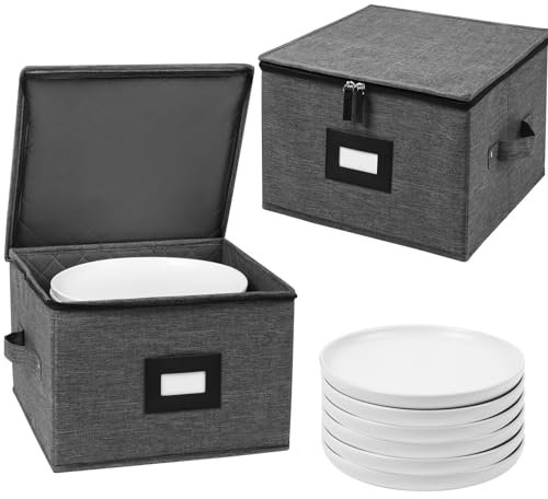 Mayniu China Storage Containers Hard Shell, 13 Charger Plates Storage Containers for Dishes, Stackable Dinnerware Storage with 24 Felt Dividers (2 Pack Black)