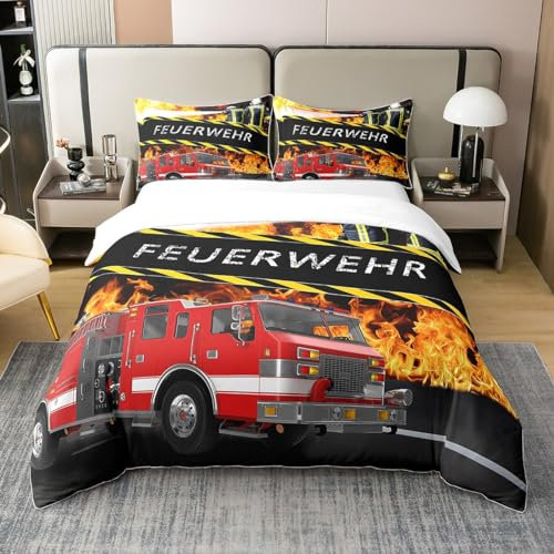 Loussiesd Feuerwehr Themen,Feuerwehrwagen Bettwäsche Set 135x200cm 100% Baumwolle Jungen Zimmer Dekorativ Fahrzeug-Auto-Bettbezug-Set,Coole Feuerwehrmänner