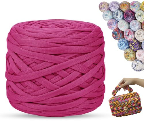 LEREATI 285g Tshirt Garn zum Häkeln, 100m Farbige Textilgarn zum Häkeln, Bändchengarn zum Häkeln, Dickes T-Shirt Garn zum Häkeln für Körbe, Taschen, Heimdekoration, DIY (Rosenrot)