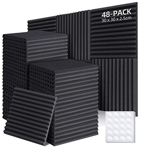 Ohuhu Akustikschaumstoff Akustikpaneele 48 Stück mit Aufkleber, 30 x 30 x 2,5 cm, Schalldämmung Wand Schallabsorber Akustikschaumplatten Schallschutz für Tonstudio Podcasts Gaming Deko, Schwarz