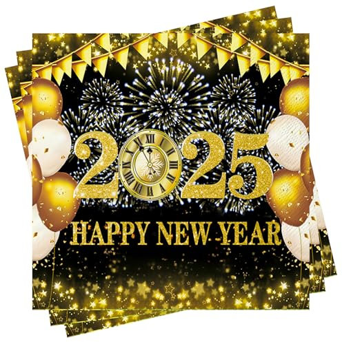 Wentsent 2025 Happy New Year Servietten, 80Stück Neujahr Papierservietten Silvester Servietten Schwarz Gold Neujahrsservietten Tischdeko für Neujahr Silvester HNY Party Tischdeko