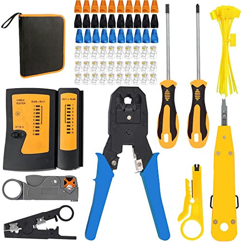 MAYLINE Kit outil Réseau, Professionnel Kit Réseau Informatique, Testeur de Câble Réseau RJ45 RJ11 Cat5e Cat6 Cat7 Outil de Sertissage/Pince à Sertir, 50pcs RJ45 Connecteurs en Cristal (Gris)