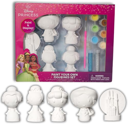 Innovative Designs Disney Princess DIY Paint Your Own Figurines Arts and Crafts Set for Girls, Paint, Paint Brush, and Glitter – Cinderella, Belle, Tiana, Jasmine, and Princess Castle