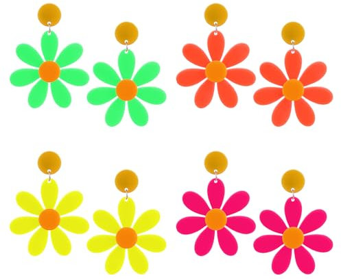 4 Paar Neon Ohrringe Damen Acryl Blumen Ohrhänger Halloween Ohrringe Vintage 70er 80er Jahre Party Ohrringen Neon Gänseblümchen Ohrhänger für Halloween Weihnachten Party Schmuck Zubehör