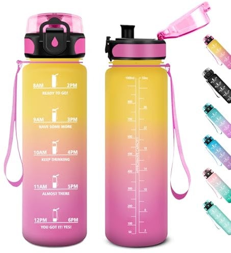 Trinkflasche Sport 1L, Trinkflasche mit Filter, Trinkflaschen Kohlensäure Geeignet, Wasserflasche Sport Auslaufsicher mit Zeitmarkierung, Sportflasche für Fitness, Gym, Schule, Outdoor, Yoga