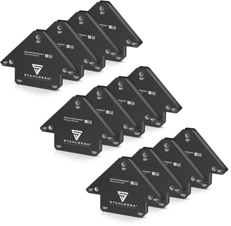 STAHLWERK Schweißmagnet 12er Set – je 11,3 kg (25 lbs) Haftkraft, 45° | 90° | 135° Winkel, starker Magnet-Schweißwinkel, Magnetwinkel zum präzisen Fixieren von Werkstücken bei Löt- & Schweißarbeiten