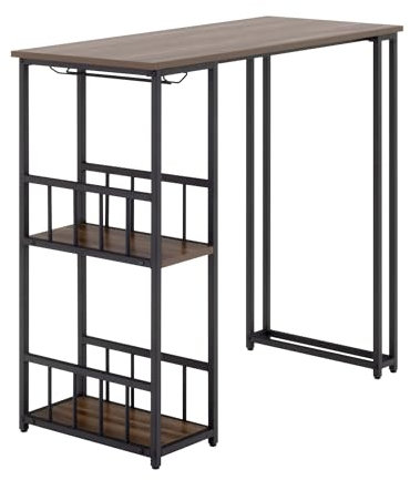 MOG CASA Gavin Mesa de Bar 110x50 cm | 105 cm de Altura | con 2 estantes y portavasos, Estructura de Acero, fácil de Montar, Estilo Industrial, Color Nogal