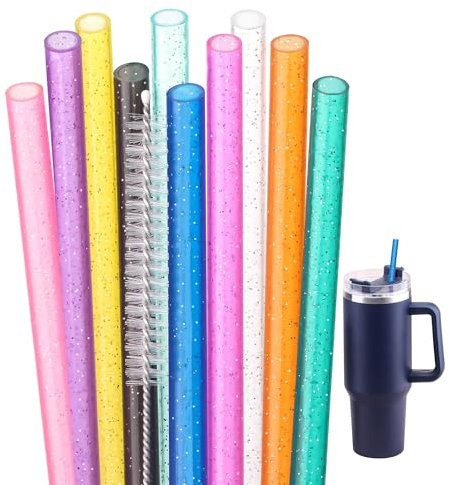 Dakoufish Replacement Glitter Straws for Stanley|Owala|Simple Modern 40oz 30oz Tumbler,10 Pack 12 Inch Reusable Hard Plastic Straws with Cleaning Brush for Stanley Hydro Jug Cup (Mix 10color)