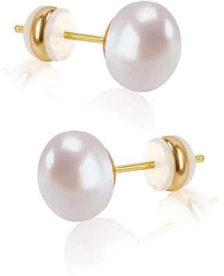 Natural Freshwater Cultured Pearl Stud Earrings, AAAA+Handpicked, Sterling Silver 18K Gold Plated Hypoallergenic Earring Studs Jewelry For Women (8mm)