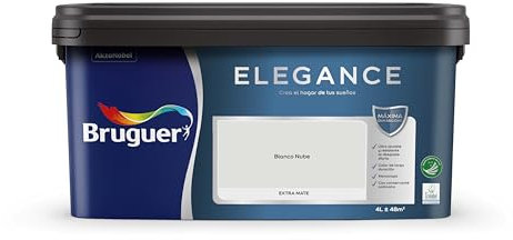 Bruguer Elegance Pintura Monocapa Extra Mate para Paredes y Techos, Interior y Exterior protegidos, Ultra Lavable, Resistente al Desgaste y Manchas, Con conservante Antimoho, Blanco Nube 4 L
